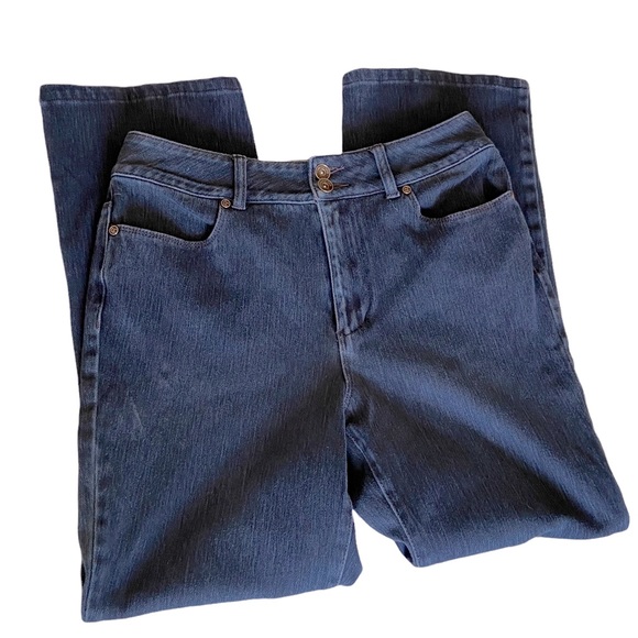 High Rise Jeans Sz 8 Short Dark Wash Stretch Comfy Denim 2 Buttons Straight Cut - Picture 1 of 6